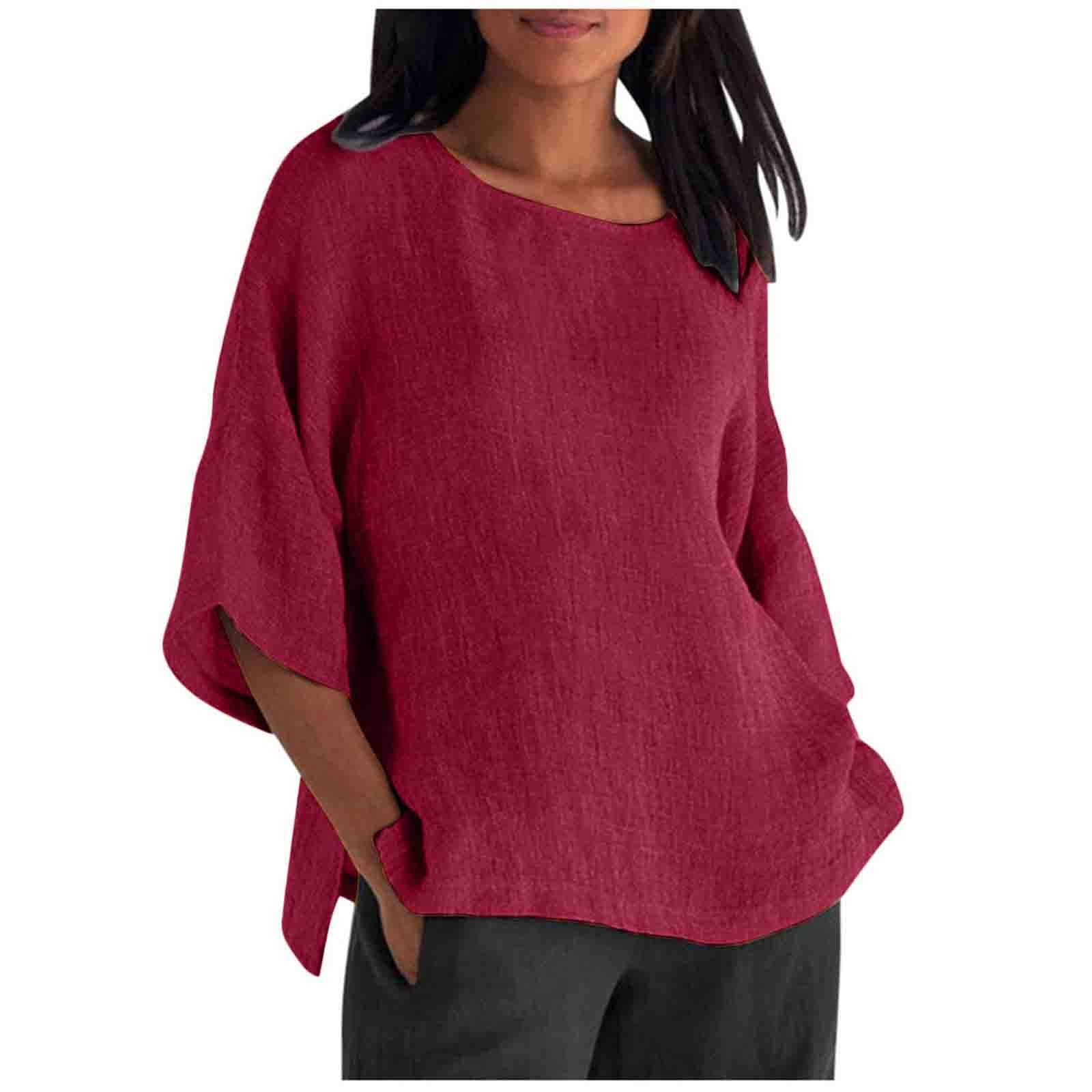 Womens Casual Crew-neck Cotton-linen Shirt Top