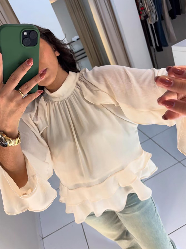 Ruffled Vintage Beige Satin Top for Women, Long Sleeve