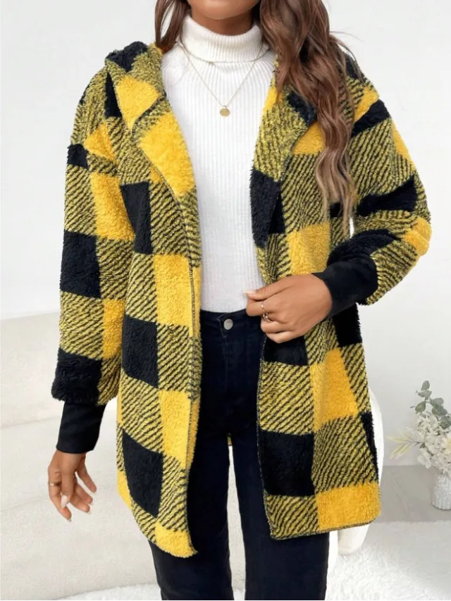 Coat Loose Plaid Color Stitching Knitted Cardigan Sweater Yellow - Shop at LoveMi