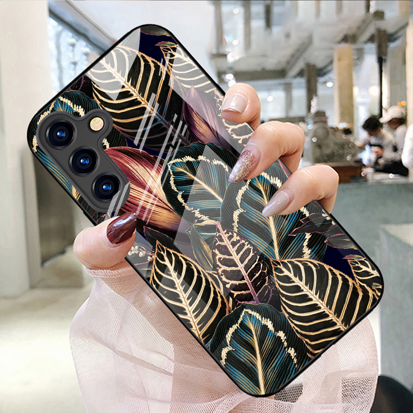 Glass Phone Case Golden Leaf Protective Cover