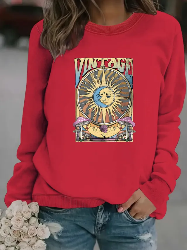 Women's Autumn And Winter Clothing Casual Long Sleeve Round Neck Sun Moon Print Pullover Sweater Sweatshirt Red - Shop at LoveMi