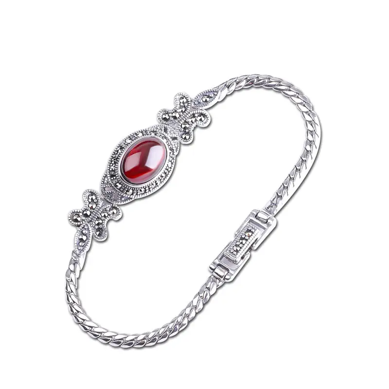 Silver Simple Women's Green Gold Stone Bracelet Retro