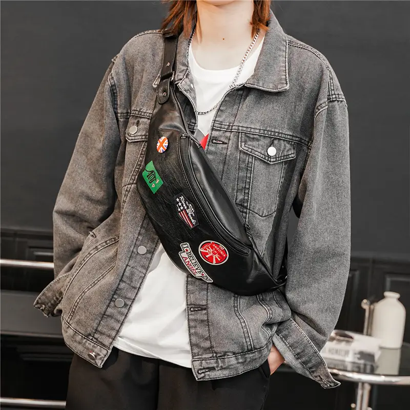 Fashion Leather Young Men's Individual Badge Shoulder Bag Waist Bag