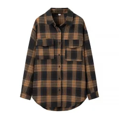 Retro Plaid Long-sleeve Women's Loose Casual Single-breasted Shirt - Brown - View 1