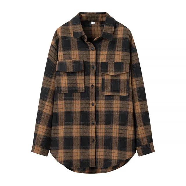 Retro Plaid Long sleeve Women's Loose Casual Single breasted Shirt Brown - Shop at LoveMi