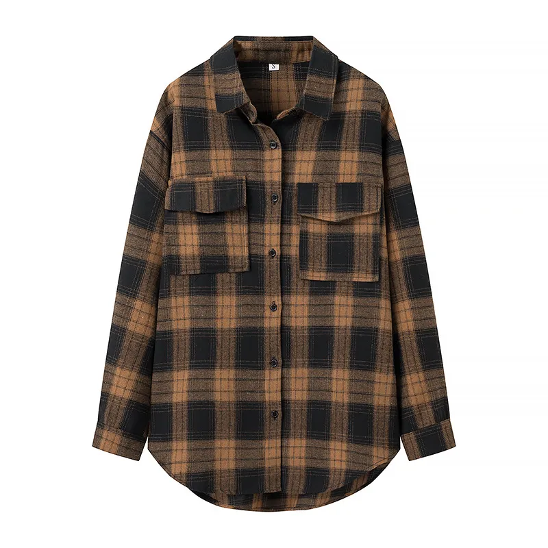 Retro Plaid Long-sleeve Women's Loose Casual Single-breasted Shirt - Brown