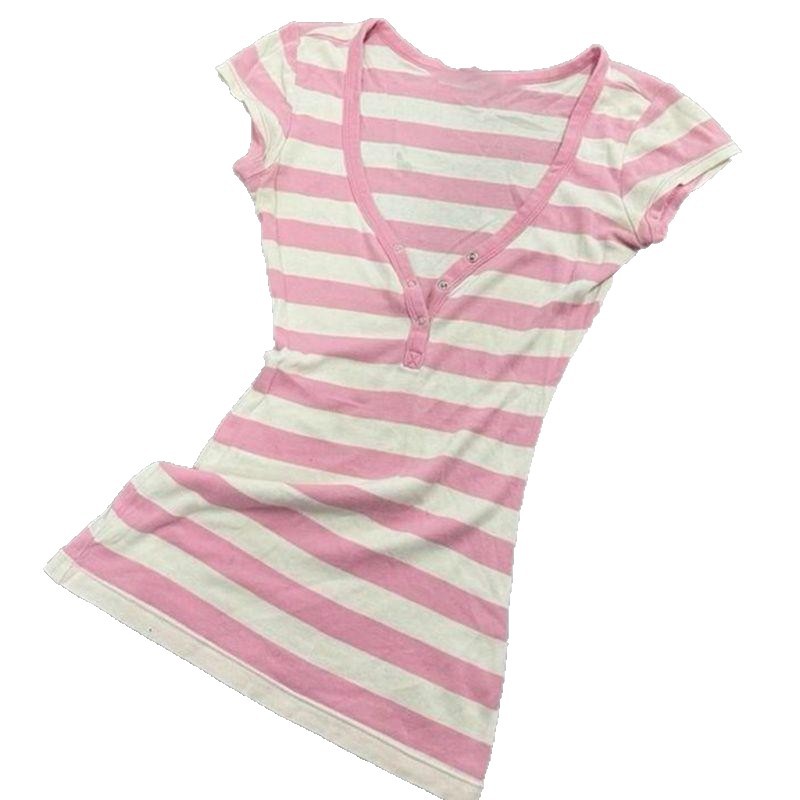 Sweet Pink And White Striped Soft-Style Womens Slim-Fit V-Neck Short-Sleeve T-Shirt Top