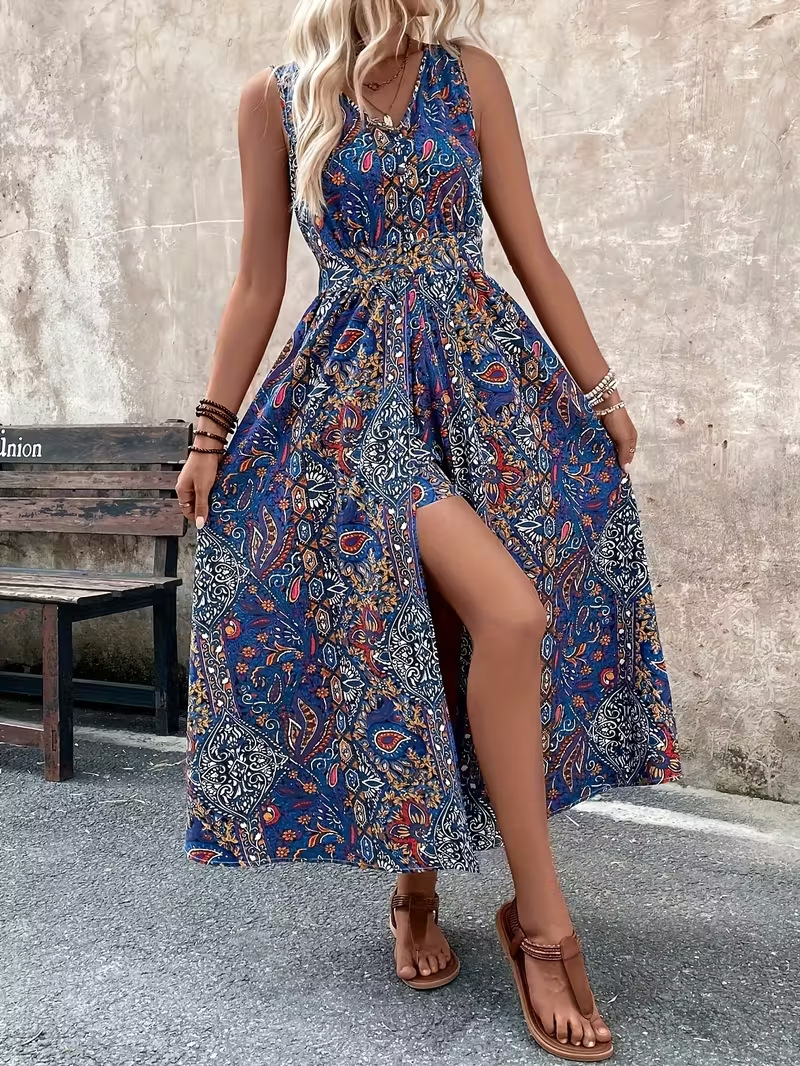 Women's printed V-neck sleeveless jumpsuit – front view full length