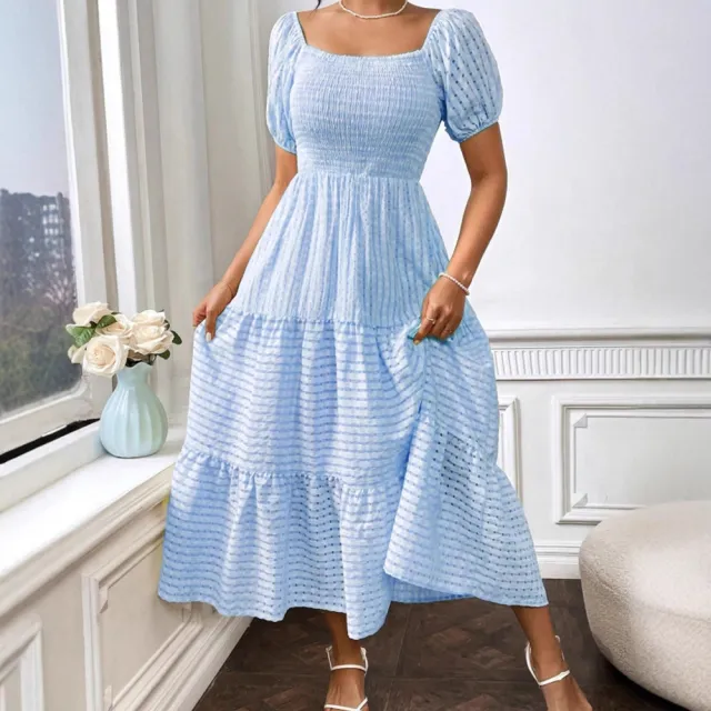 New Fashion Solid Color Shirred Backless Cake Temperament Dress Blue - Shop at LoveMi