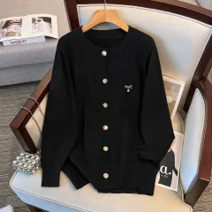 Women's Loose Cardigan Sweater Knitted Coat - Black - View 1