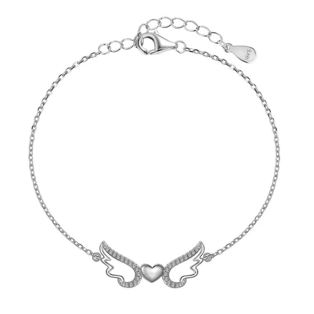 Sterling Silver Bracelet Female With Hearts Wings Zircon Inlaid
