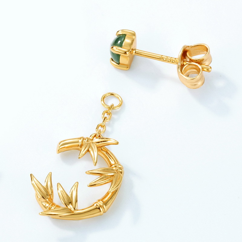 New Chinese Style National Fashion Long Short Bamboo Modelling Earrings Silver-plated Gold Inlaid Green Jade