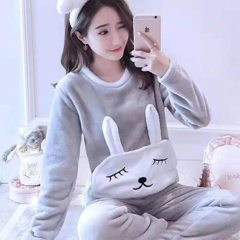 Coral Velvet Pajamas Women's Thickened With Flannel Homewear Shy Rabbit Gray - Shop at LoveMi