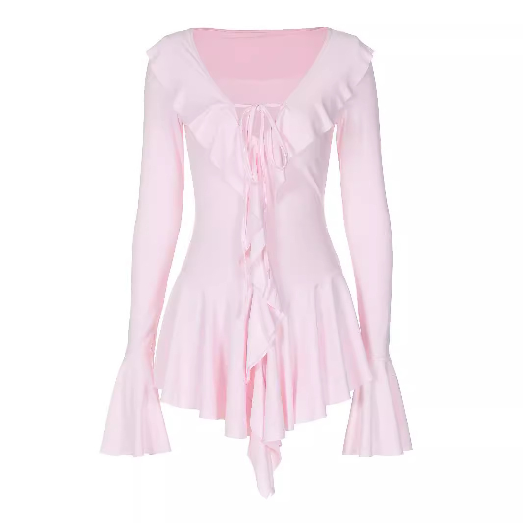 Autumn Temperament Slim Fit Ruffled Solid Color Horn Long Sleeve Tied Dress