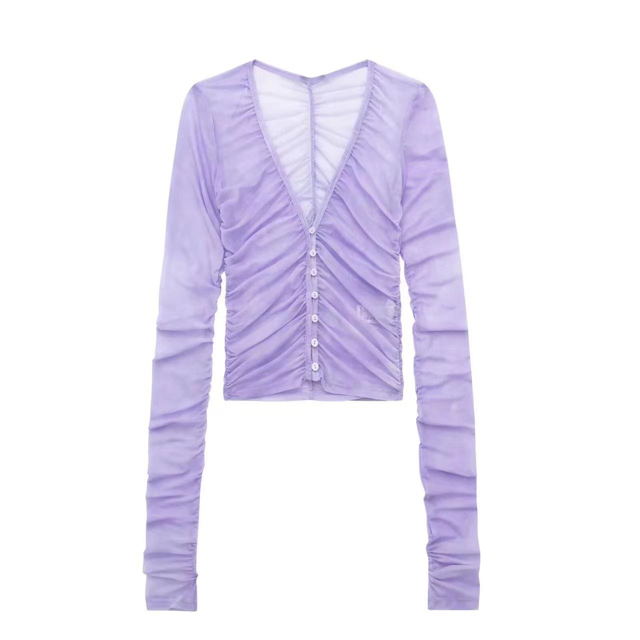 Deep V-neck Micro-transparent Breasted Top