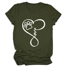 Dog Print Heart Printing Round Neck Short Sleeve Women's Clothing - Green - View 1
