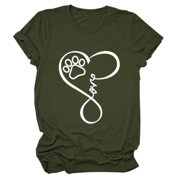 Dog Print Heart Printing Round Neck Short Sleeve Women's Clothing Army Green White Font - Shop at LoveMi