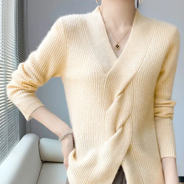 Women's Fashion Striped Cross Twisted V neck Sweater Cyan - Shop at LoveMi
