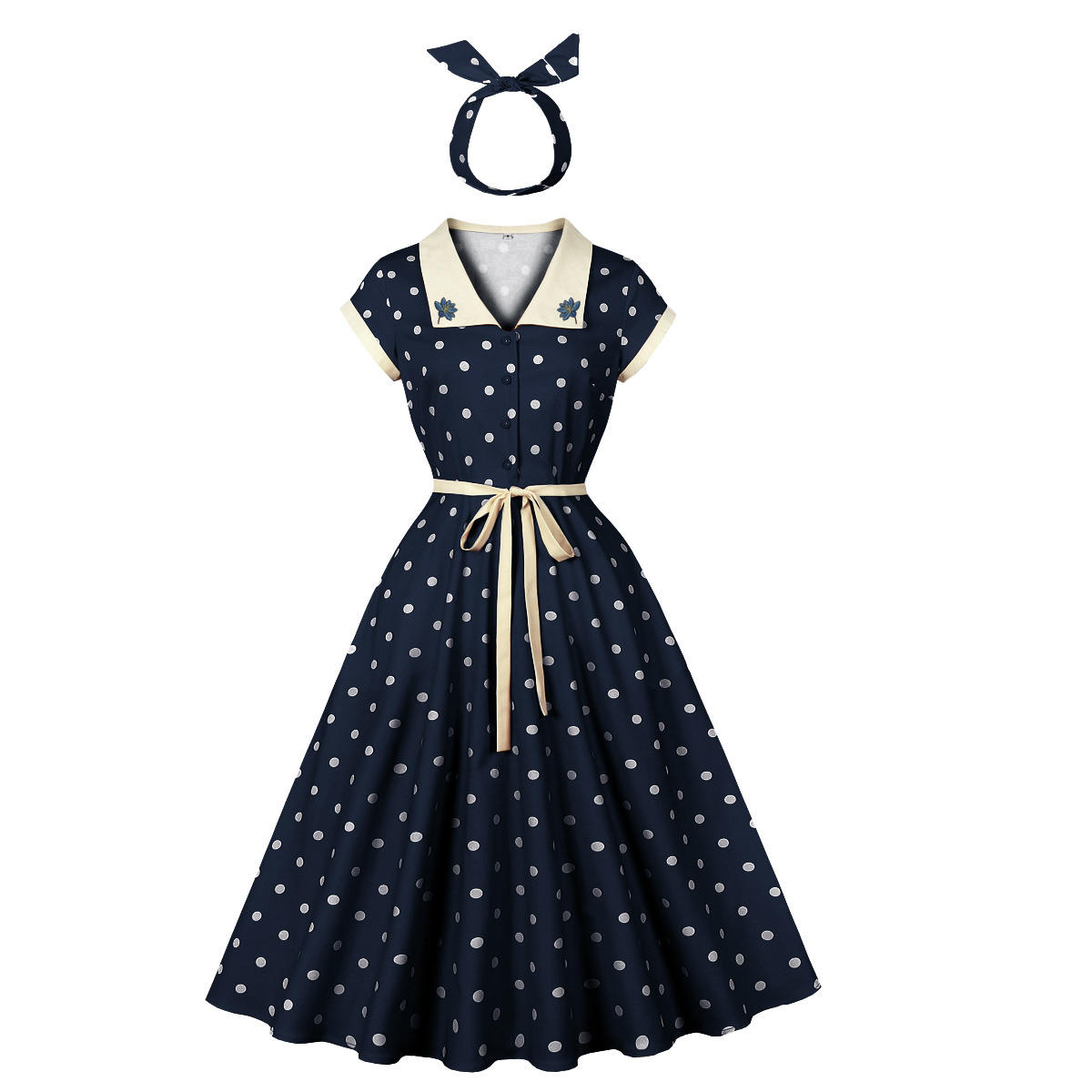 Style Nostalgic Retro Girly Polka Dot Temperament Dress Navy - Shop at LoveMi