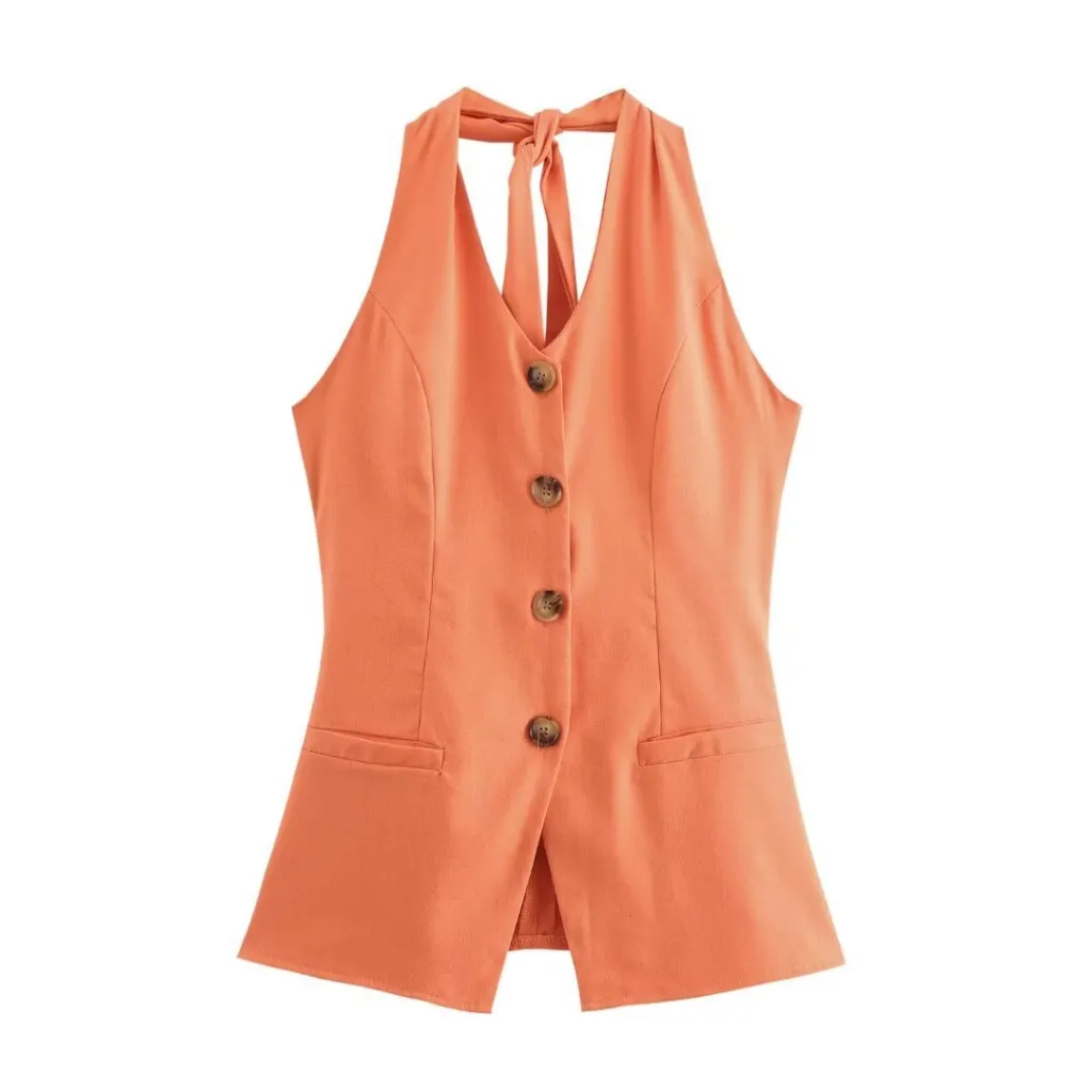 Classic Style Cotton And Linen Halterneck Vest Suit Women's Summer High-grade Trousers - Orange Coat