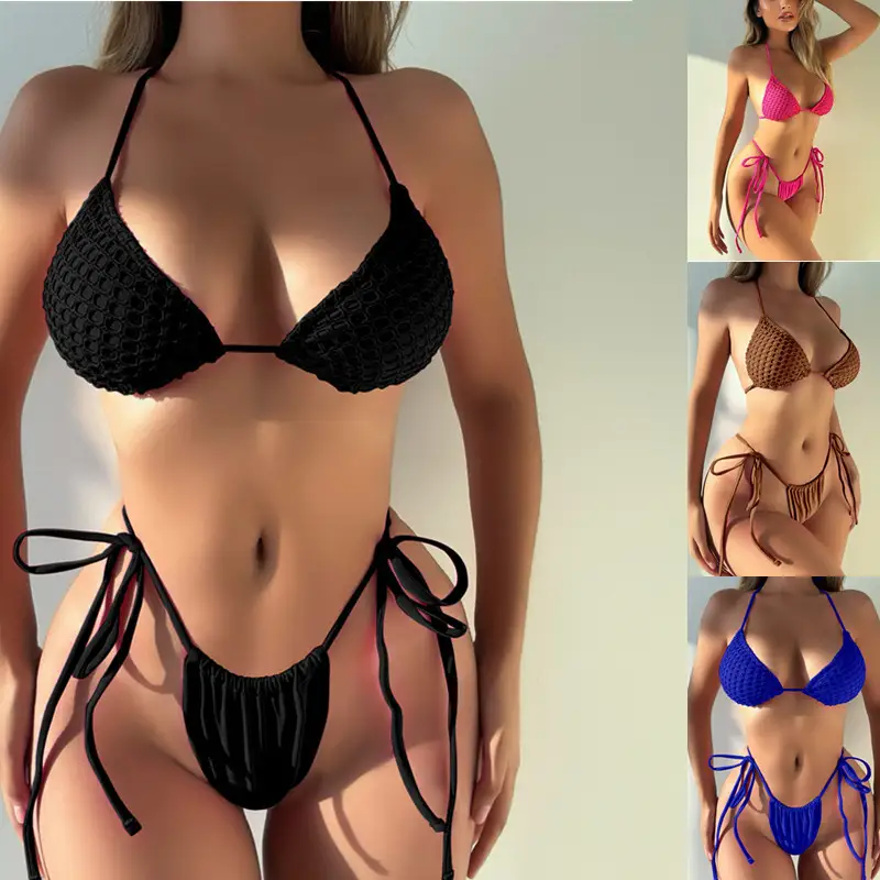 Women's Two-piece Jacquard Solid-color Swimsuit With Tie Straps