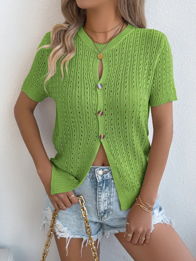Solid Color Hollow out Button Short Sleeve Knitted Women's Top Green - Shop at LoveMi