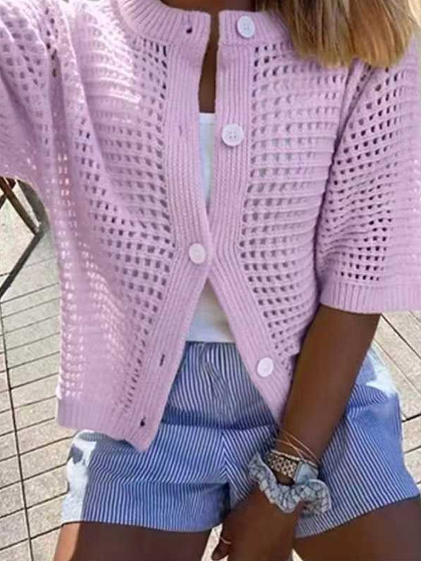 Women's open-front cardigan in purple – hollow-out knit elegant casual