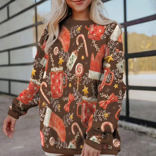 Women's Fashion Print Loose Long Sleeve Sweater Brown - Shop at LoveMi