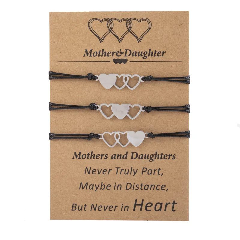 Stainless Steel Love Heart Wax Line Woven Adjustable Blessing Card Bracelet Suit - Black
