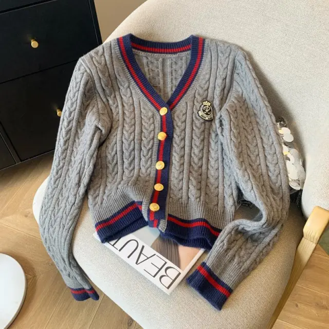 V collar Contrast Color Knitted Cardigan Waist Slimming Cable knit Sweater Gray - Shop at LoveMi