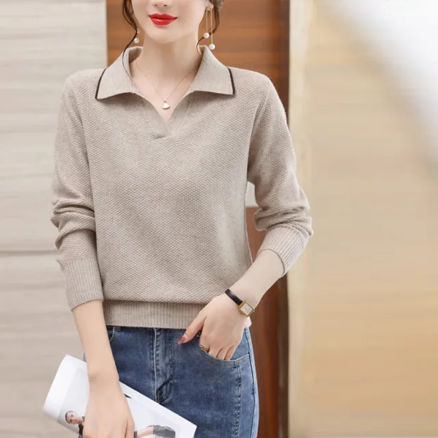 Spring And Autumn New Polo Collar Top Western Style Fashion Sweater Beige Gray - Shop at LoveMi