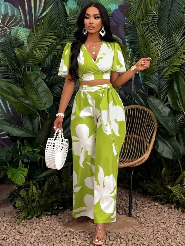 Women's Wear Tropical Printing Pleated Butterfly Sleeve Top Drawstring Wide Leg Trousers Suit Yellow Green - Shop at LoveMi