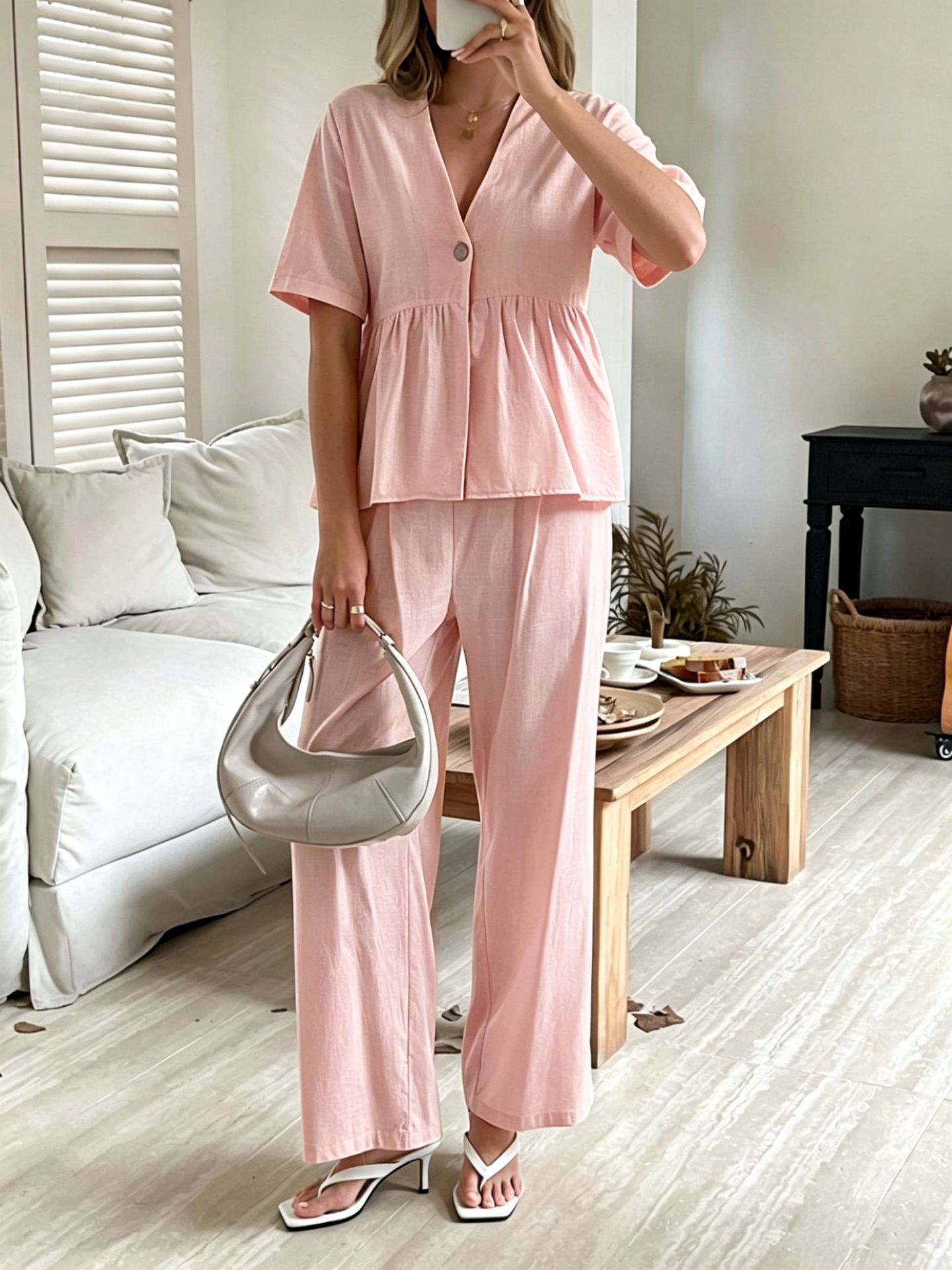 Women's V-Neck Loose Top and Wide-Leg Pants Set in Pink – front view