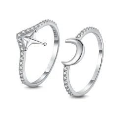 Boat Anchor Moon Crescent Shape Design Simple Sterling Silver Combined Ring Set - Dy120683Swwh - View 1