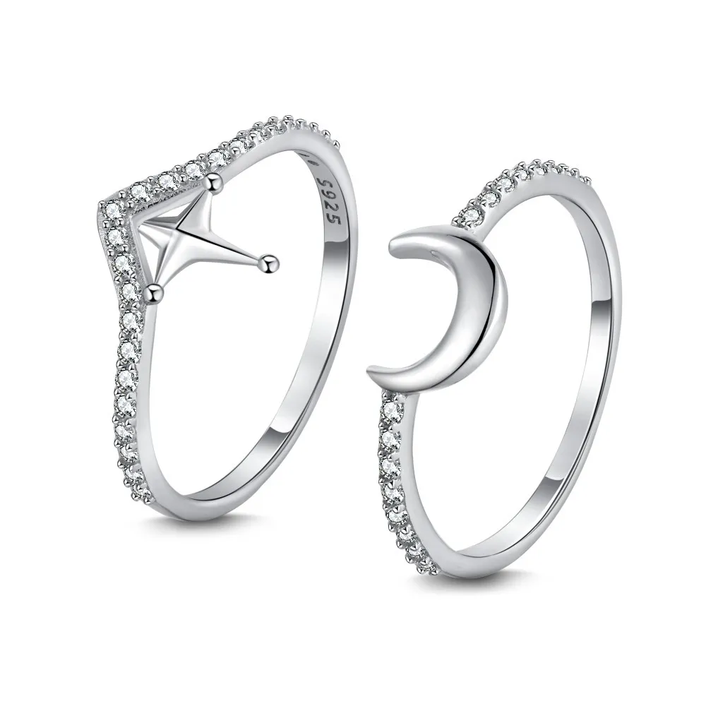 Boat Anchor Moon Crescent Shape Design Simple Sterling Silver Combined Ring Set - Dy120683Swwh