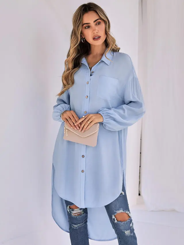 New Women's Casual Solid Color Loose Long Lapel Shirt Blue - Shop at LoveMi