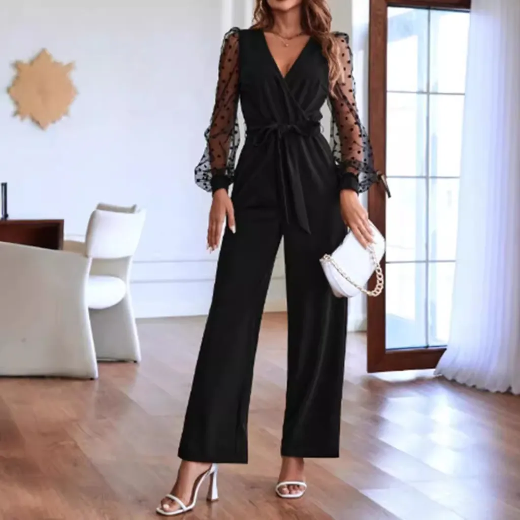 Fashion V-neck Women's Lace Long Sleeve Jumpsuit Belt Elegant Clothing - Black