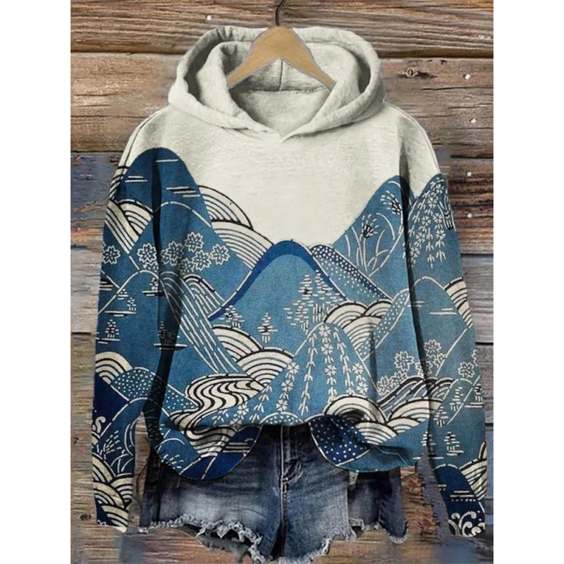 Womens Printed Hooded Long-Sleeve Pullover Sweatshirt