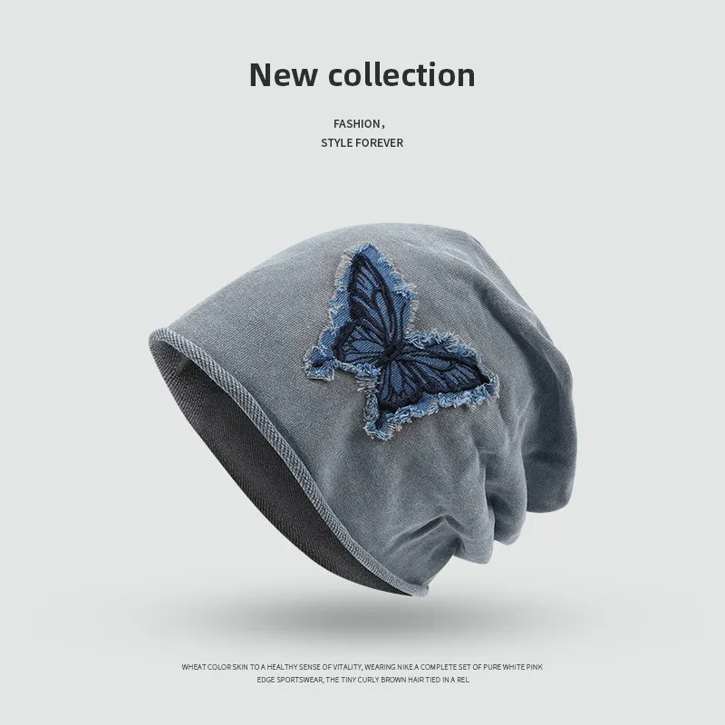Pile Heap Cap Women's Fashion Thin Patch Pullover Hat - 24233Mx Butterfly Gray