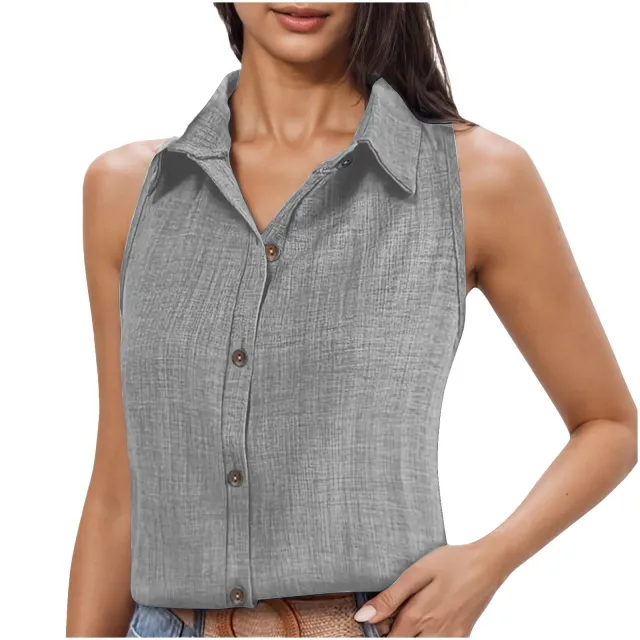 Lapel Cotton Linen Button Sleeveless Shirt Women's Clothing 16 Style - Shop at LoveMi