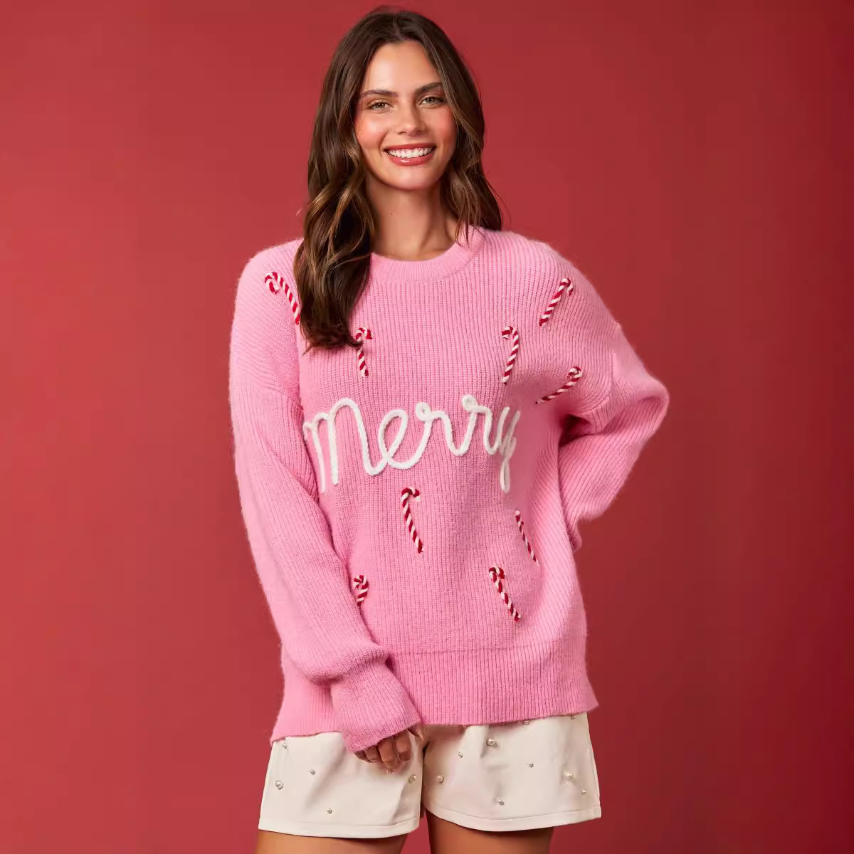 Christmas Embroidered Long Sleeve Pullover Round Neck Loose Top