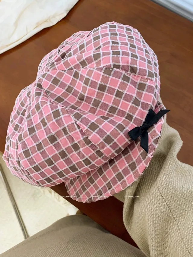Merican Retro Denim Advance Hats Women Bow Plaid Duck Tongue Bud Pink - Shop at LoveMi