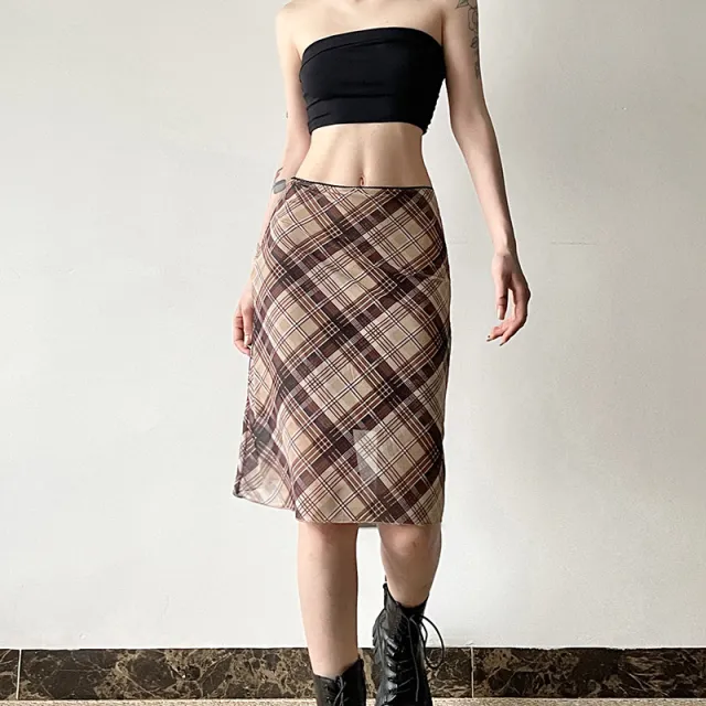 American Retro Style Easy Matching Mesh Plaid Skirt Skin Color - Shop at LoveMi