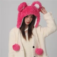 Cute Fur Ball Bucket Hat Women's Winter Plush Warm - Rose Red - View 1