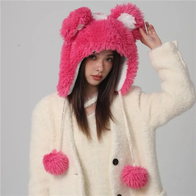 Cute Fur Ball Bucket Hat Women's Winter Plush Warm Rose Red - Shop at LoveMi