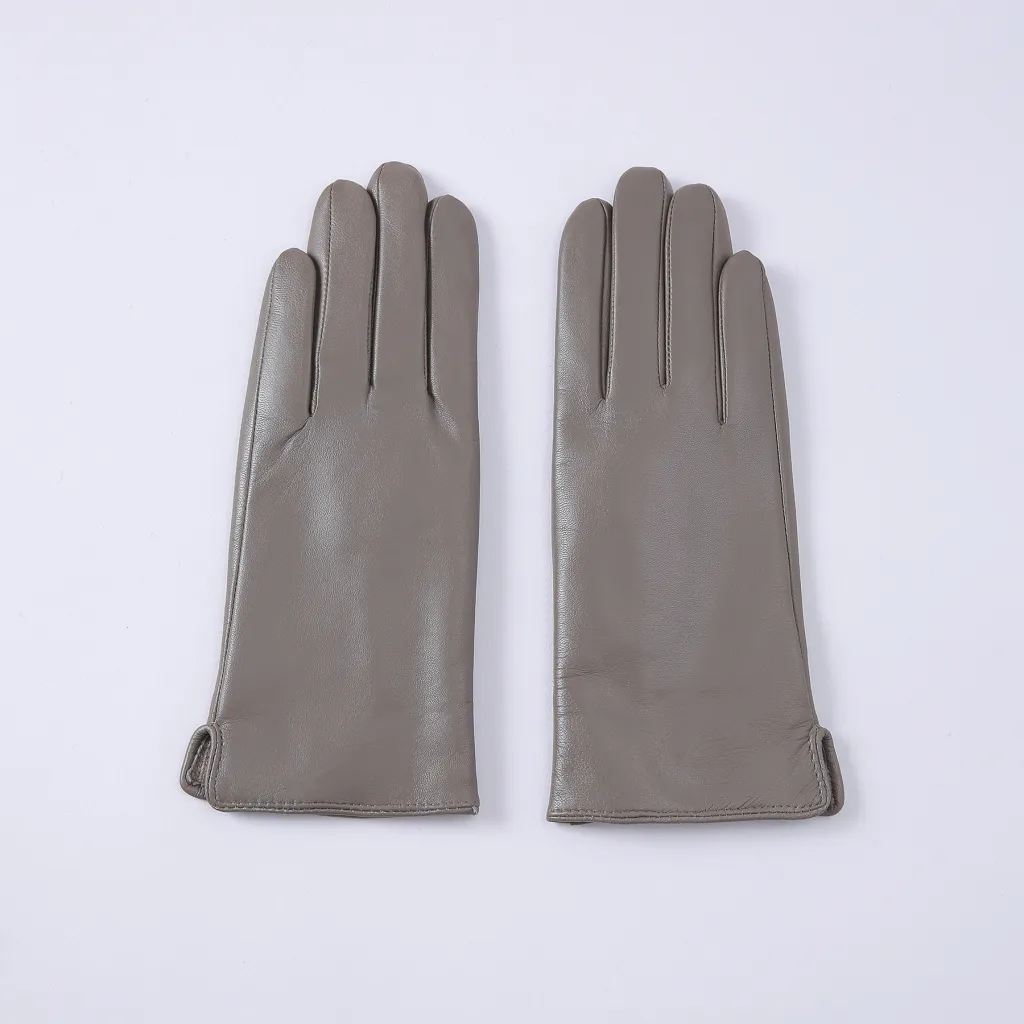 Womens Solid-Colour Fleece-Lined Thermal Leather Gloves - Grey