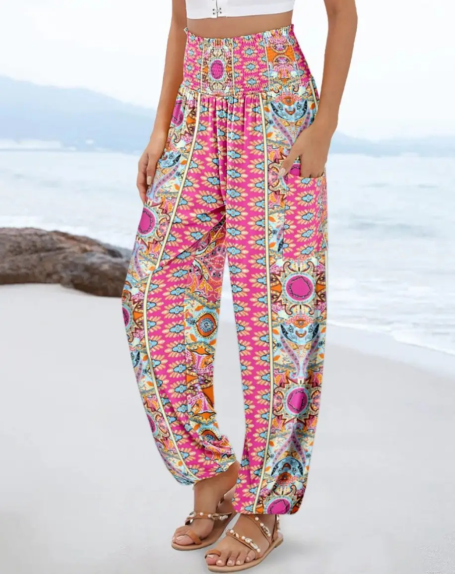 Sling Smocking Waist Positioning Printed Wide Leg Jumpsuit