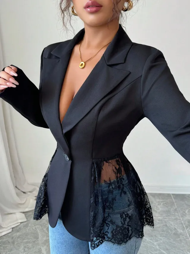 Women's Contrasting Color Lace Slim fit A line Blazer Black - Shop at LoveMi