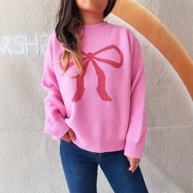 Women's Round Neck Bow Long Sleeve Warm Sweater Pink - Shop at LoveMi