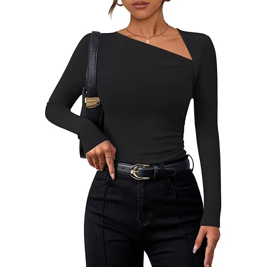 Women's Long sleeved Diagonal Collar T shirt Black - Shop at LoveMi